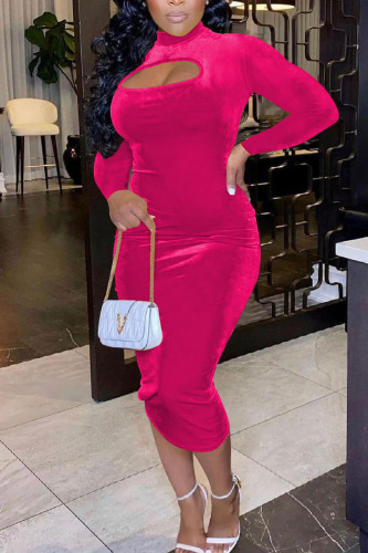 Rose Red Black O Neck Long Sleeve One Step Skirt Bodycon Velvet Maxi Dresses