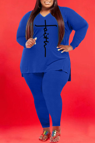 Blue Casual Print Patchwork V Neck Plus Size Two Pieces
