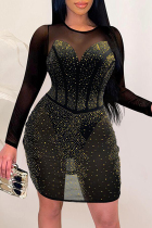 Gold Fashion Sexy Patchwork Hot Drilling See-through O Neck Long Sleeve Dresses