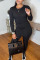Black Casual Solid Patchwork Slit Asymmetrical O Neck Long Sleeve Two Pieces
