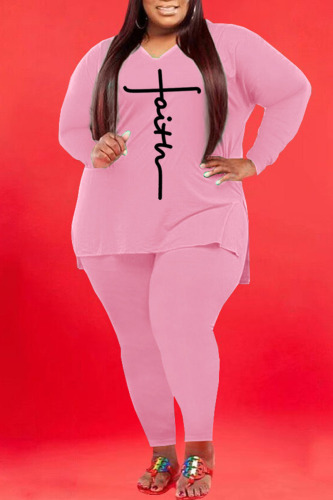 Pink Casual Print Patchwork V Neck Plus Size Two Pieces