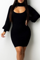 Black Sexy Solid Split Joint Asymmetrical Half A Turtleneck Long Sleeve Two Pieces