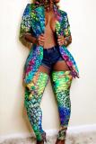 Green Fashion Sexy adult Print HOLLOWED OUT Patchwork Two Piece Suits pencil Long Sleeve