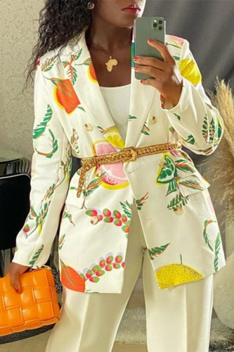 White Fashion Casual Print Cardigan Turndown Collar Outerwear (Without Belt)