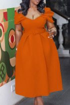 Orange Fashion Celebrities Solid Split Joint V Neck A Line Dresses
