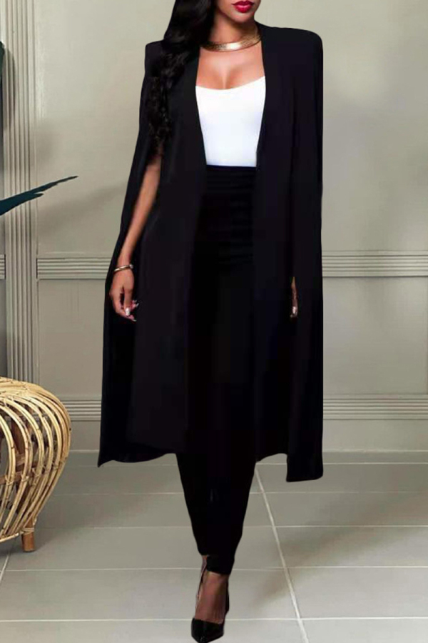 Black Fashion Casual Solid Slit Turn-back Collar Long Sleeve Two Pieces