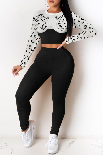 Black Fashion Casual Print Patchwork O Neck Long Sleeve Two Pieces