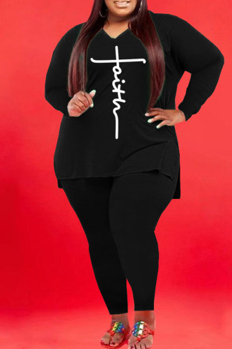 Black Casual Print Patchwork V Neck Plus Size Two Pieces