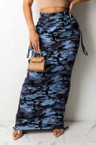 Blue Casual Print Camouflage Print Patchwork Pocket Straight High Waist Straight Full Print Bottoms