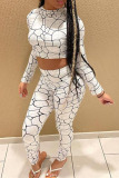 White Casual Print Split Joint O Neck Long Sleeve Two Pieces