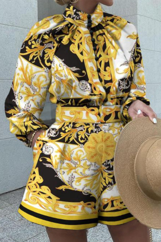 Yellow Casual Print Patchwork Half A Turtleneck Long Sleeve Two Pieces
