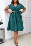 Green Fashion Sexy Solid Patchwork V Neck A Line Dresses