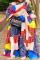 Blue Casual Print Patchwork Flounce Off the Shoulder Long Sleeve Plus Size Dresses
