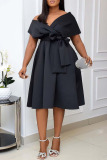 Black Fashion Sexy Solid Patchwork V Neck A Line Dresses