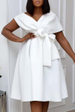White Fashion Sexy Solid Patchwork V Neck A Line Dresses