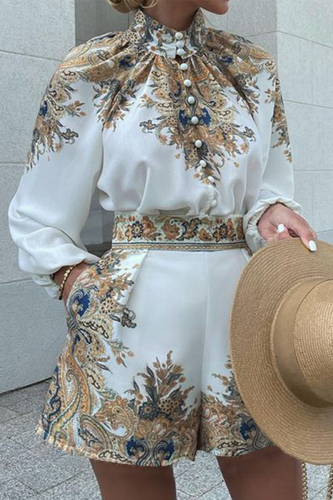 White Casual Print Patchwork Half A Turtleneck Long Sleeve Two Pieces