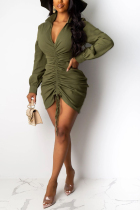 Army Green Casual Shirt sleeves Long Sleeves V Neck Asymmetrical Knee-Length Patchwork Solid