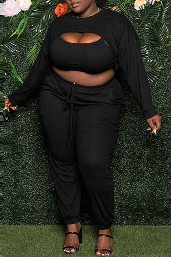 Black Sexy Solid Patchwork Asymmetrical O Neck Plus Size Three Pieces