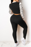 Black Fashion Casual Print Patchwork O Neck Long Sleeve Two Pieces