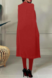 Red Fashion Casual Solid Slit Turn-back Collar Long Sleeve Two Pieces