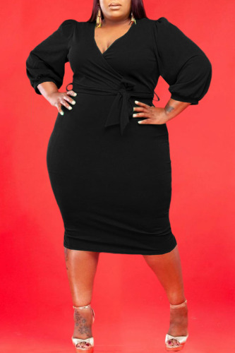 Black Casual Solid Bandage Patchwork V Neck Straight Plus Size Dresses