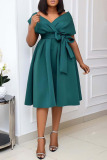 Green Fashion Sexy Solid Patchwork V Neck A Line Dresses