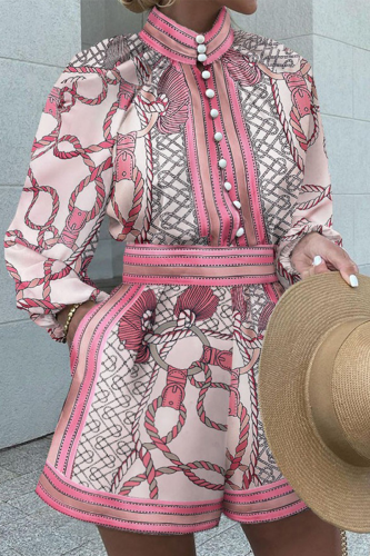 Pink Casual Print Patchwork Half A Turtleneck Long Sleeve Two Pieces