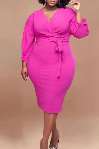 Rose Red Casual Solid Bandage Patchwork V Neck Straight Plus Size Dresses