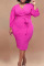 Rose Red Casual Solid Bandage Split Joint V Neck Straight Plus Size Dresses