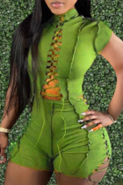 Green Sexy Solid Hollowed Out Half A Turtleneck Skinny Jumpsuits