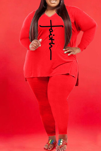 Red Casual Print Patchwork V Neck Plus Size Two Pieces