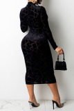 Black Sexy Solid Split Joint See-through Burn-out O Neck A Line Dresses