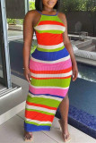 Multicolor Fashion Sexy Striped Print Slit Spaghetti Strap Long Dress