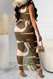 Army Green Fashion Sexy Print See-through O Neck One Step Skirt Dresses