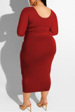 Burgundy Fashion Casual Solid Bandage O Neck Plus Size Two Pieces