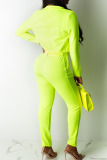 Fluorescent Green Casual Solid Patchwork Turn-back Collar Long Sleeve Two Pieces(Contain The Belt)