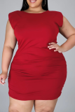 Burgundy Casual Solid Patchwork O Neck Pencil Skirt Plus Size Dresses