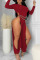Red Sexy Solid Hollowed Out Patchwork Slit O Neck Straight Jumpsuits(Without Belt)