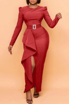 Red Fashion Elegant Solid Slit Without Belt O Neck Irregular Dresses (Without Belt)