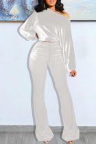 White Fashion Casual Solid Basic Oblique Collar Long Sleeve Two Pieces