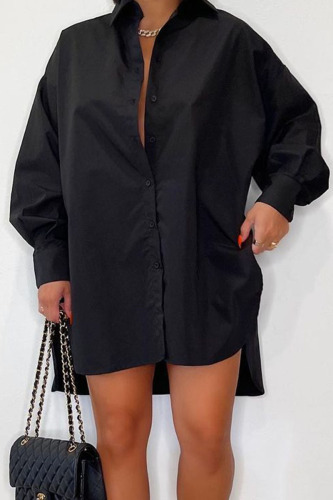 Black Casual Solid Patchwork Turndown Collar Shirt Dress Dresses
