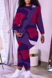 Purple Casual Camouflage Print Patchwork O Neck Plus Size Two Pieces