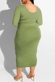 Fruit Green Fashion Casual Solid Bandage O Neck Plus Size Two Pieces