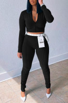 Black Fashion Casual Solid Without Belt Zipper Collar Long Sleeve Two Pieces