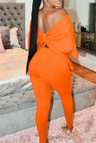 Orange Fashion Casual Solid Backless O Neck Half Sleeve Two Pieces