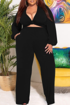 Black Casual Solid Split Joint V Neck Plus Size Two Pieces