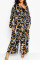 Black Fashion Casual Geometric Print Split Joint With Belt Plus Size Two Pieces(Contain The Belt)