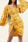 Yellow Sexy Print Patchwork Draw String Fold Asymmetrical V Neck Printed Dress Dresses