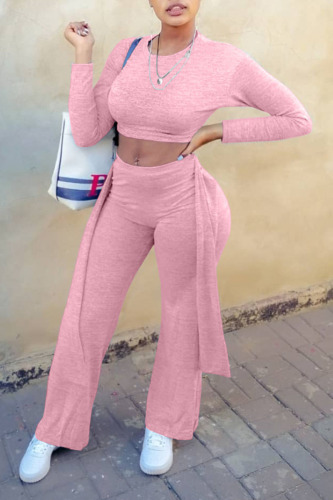 Pink Casual Solid Bandage Patchwork O Neck Long Sleeve Two Pieces