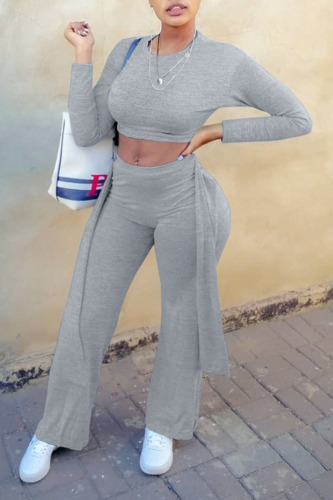 Grey Casual Solid Bandage Patchwork O Neck Long Sleeve Two Pieces